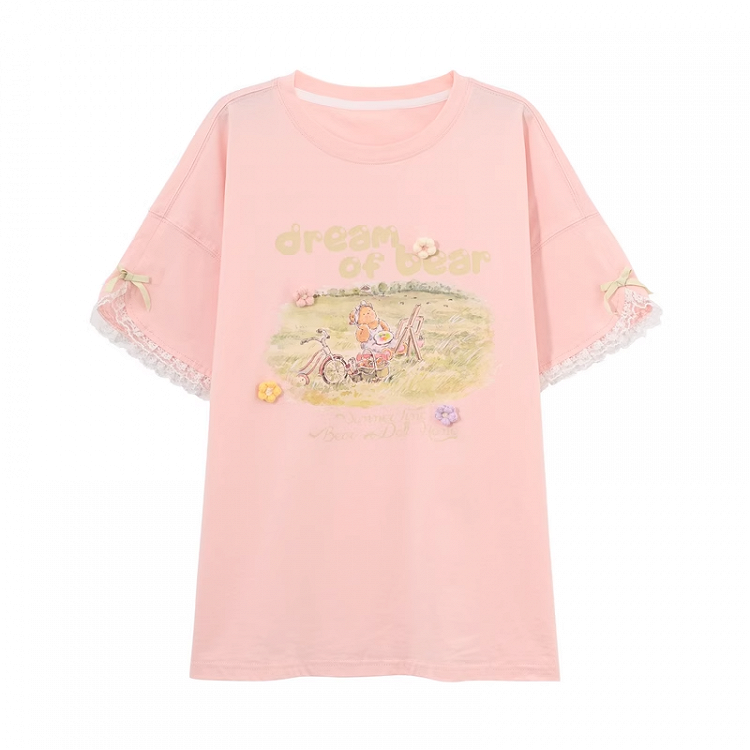 Embroidery Bear Pink Round Neck Oil Painting Letter Print Sweet T-Shirt