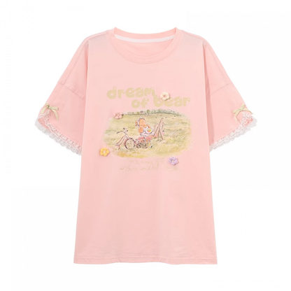Embroidery Bear Pink Round Neck Oil Painting Letter Print Sweet T-Shirt
