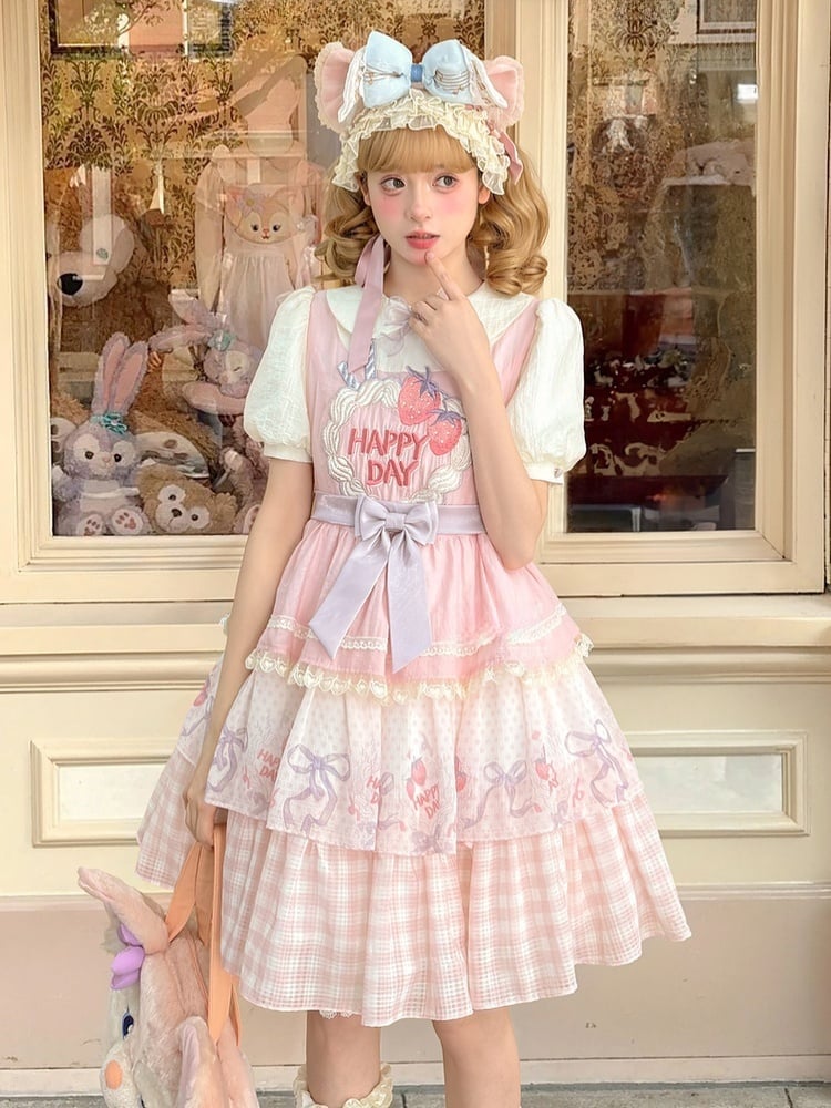 Süße Erdbeerkuchen Stickerei Peter Kragen Lolita Kleid Rock Tiered Pan Pink