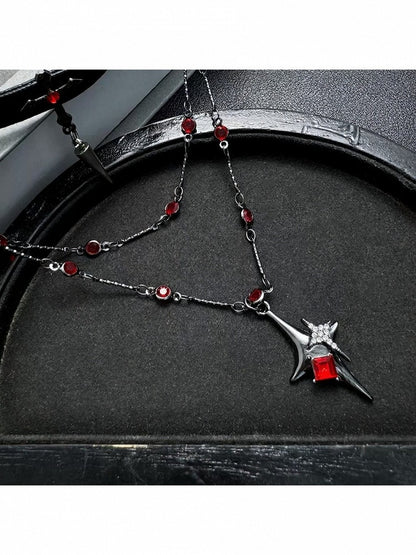 Gothic Black & Red Cross Choker with Beads - YSHXS