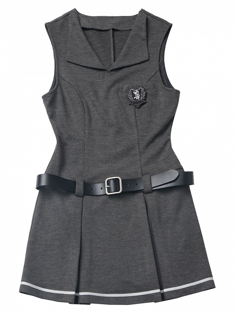 Dark Grey Preppy Sleeveless Above Knee Knitted Dress With A Buckle Belt