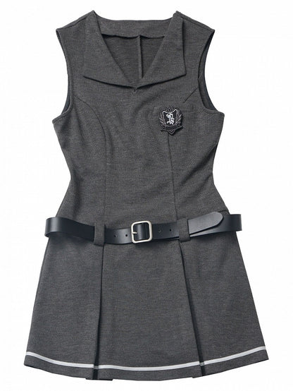 Dark Grey Preppy Sleeveless Above Knee Knitted Dress With A Buckle Belt
