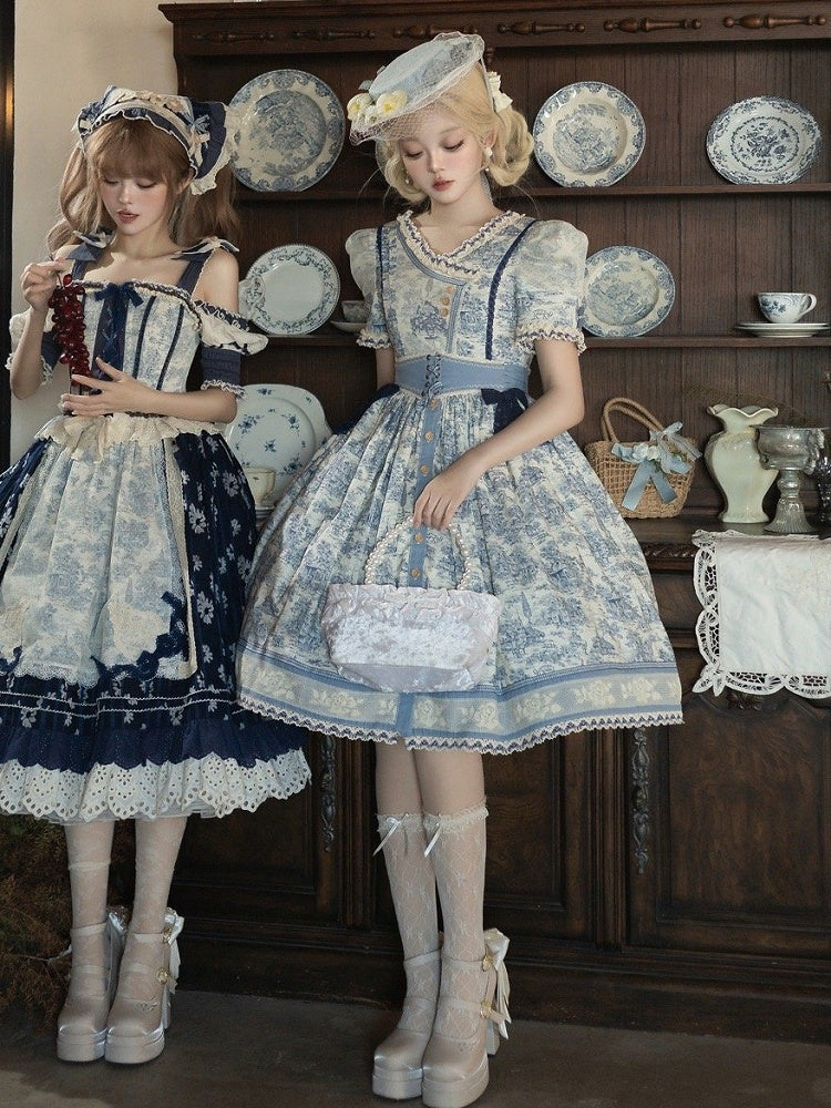 Blue Cabins in the Forest Front Button Placket Skirt Short Sleeves Lolita Dress
