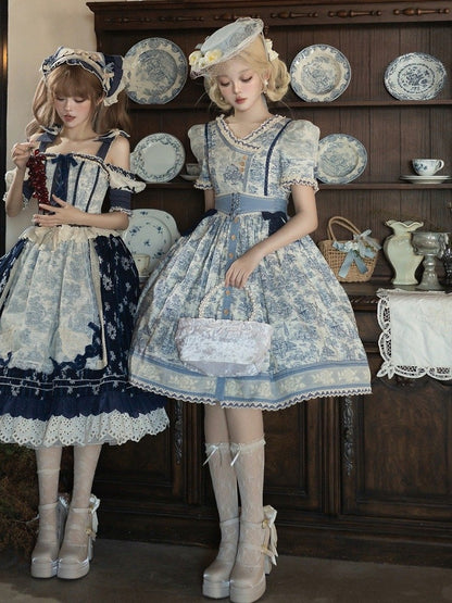 Blue Cabins in the Forest Front Button Placket Skirt Short Sleeves Lolita Dress