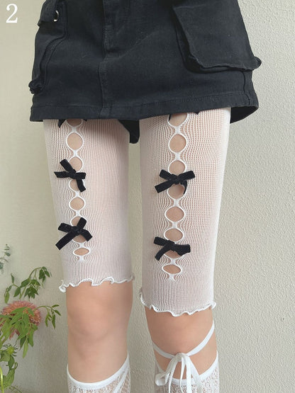 White Lace Stockings/Bowknot Shorts Underknee Design Self-tie Straps Cut-out