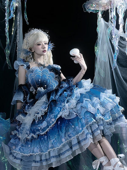 Ruffles Accents Lolita Jellyfish-Inspired Blue Full Set Dress and Bead Gradient with Layered