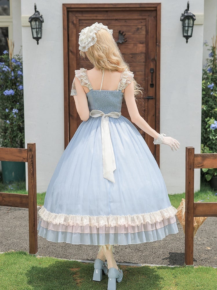 Blue Long Version Flounce Hem Lolita JSK Dress + Choker + Hairband Set - With PUJI