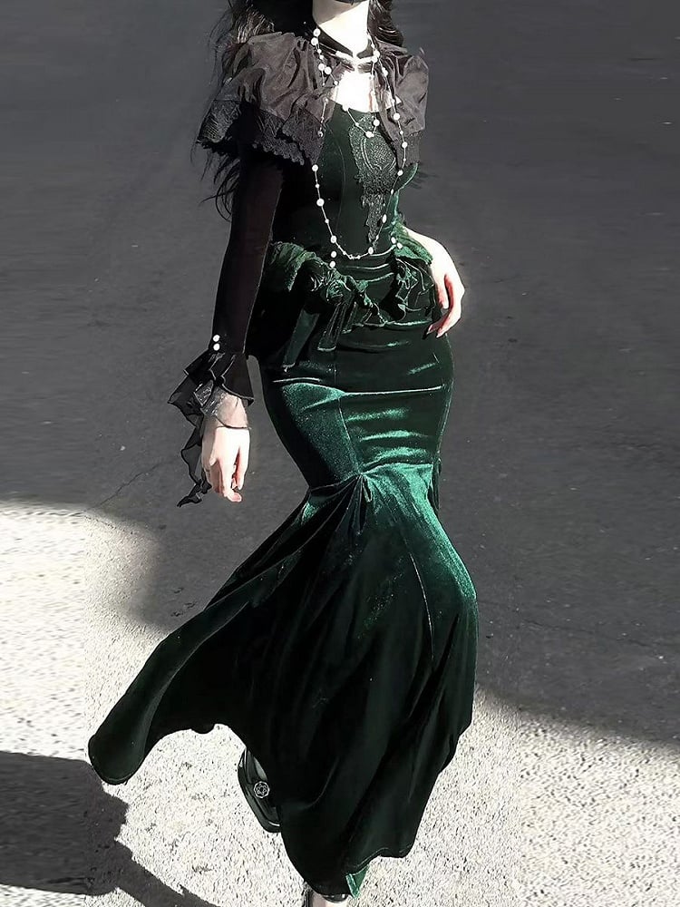 Shrug with Long Green Velvet Dress Forest Dark Mermaid Sleeves
