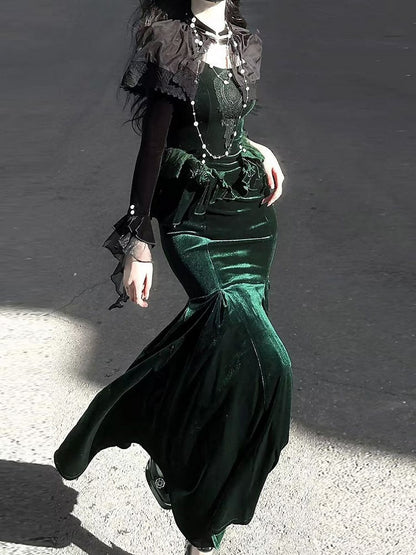 Shrug with Long Green Velvet Dress Forest Dark Mermaid Sleeves