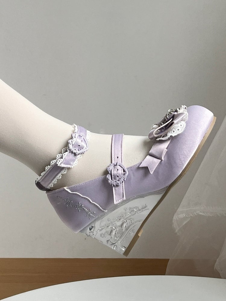 Purple Snow Theme Embossed Slope Heel Shoes with Bow Details - Vintage Sweetheart