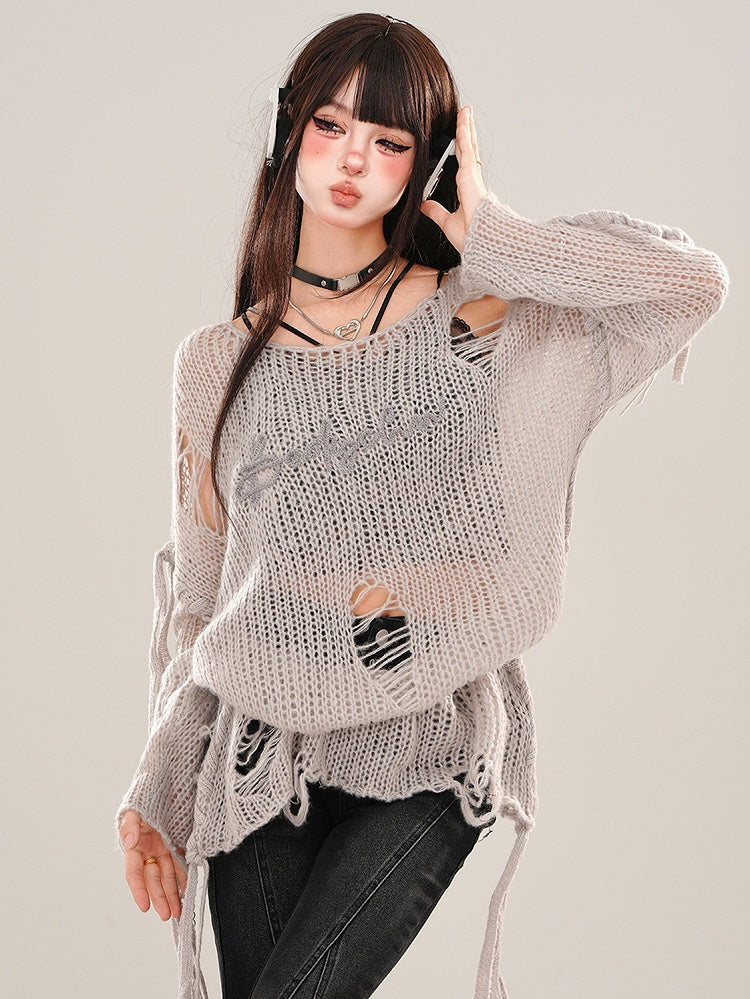 Gray and White Distressed Holes Asymmetrical Neckline Semi-sheer Knit Top