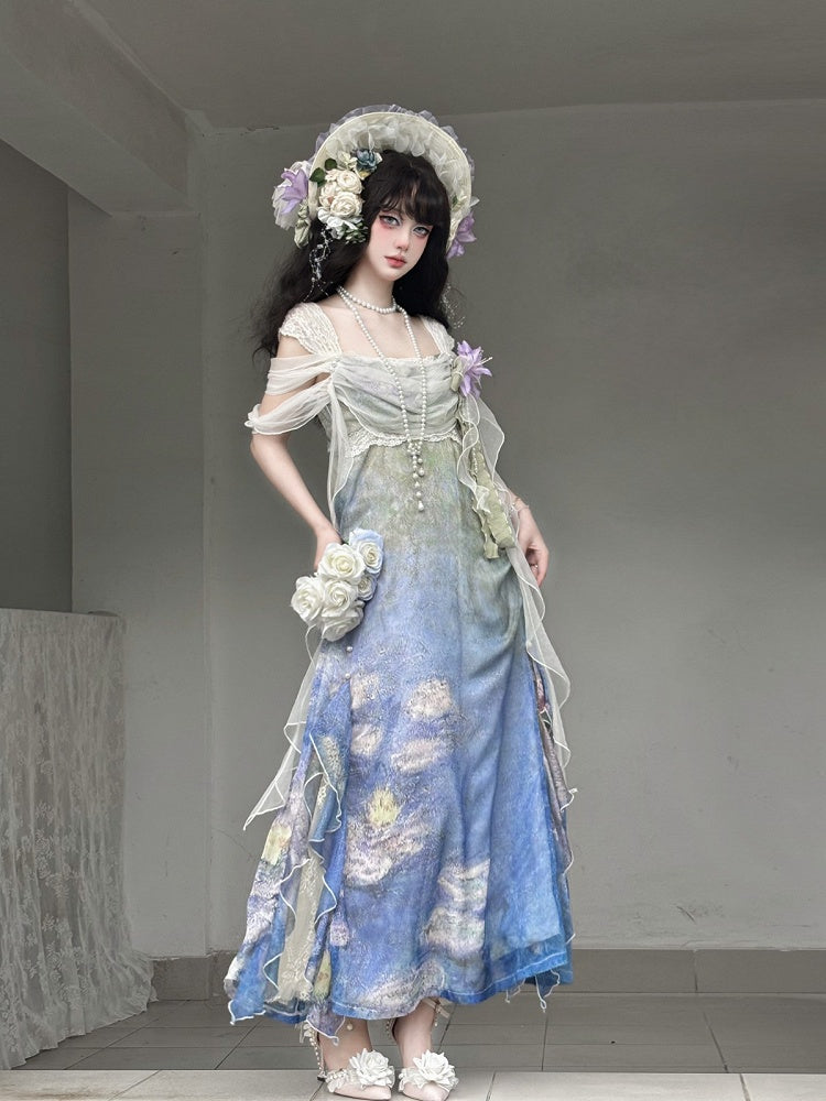 Artistic Print Empire Waist Lolita Gown with Cowl Neckline - Magic Skirt Cat