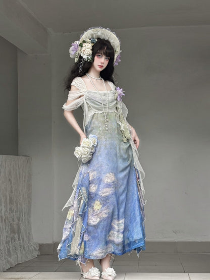 Artistic Print Empire Waist Lolita Gown with Cowl Neckline - Magic Skirt Cat