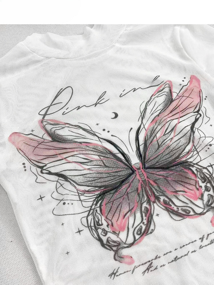 Y2K White Semi-Sheer Mock Neck Butterfly Glamorous Slim-fitting Top