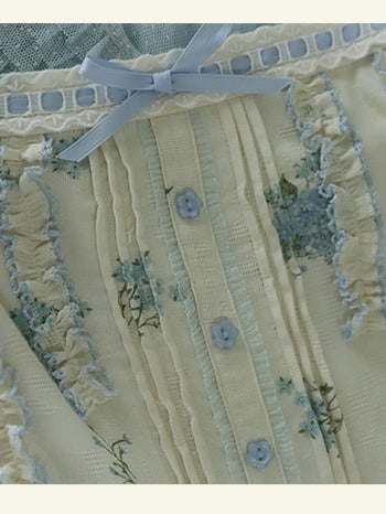 Sweet Lolita Style Summer JSK Dress with Lace & Blue Floral Print - Rock Candy Box