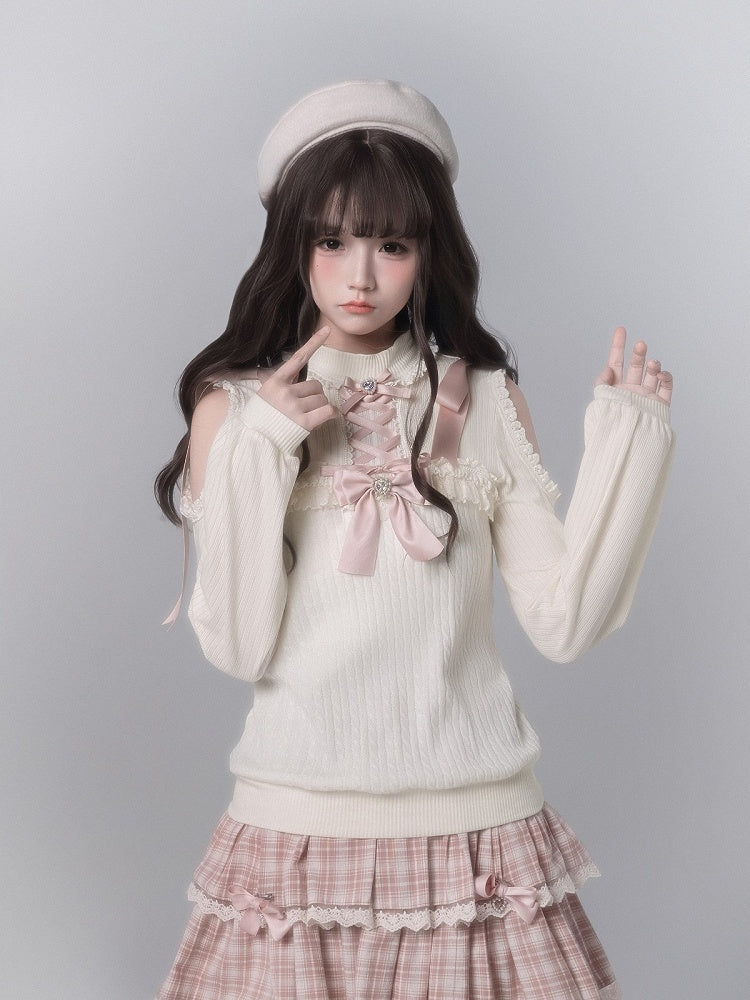 White Top Decor Kei Knit Trim Ribbon Pink With Lace Shoulder Seiso Cutout