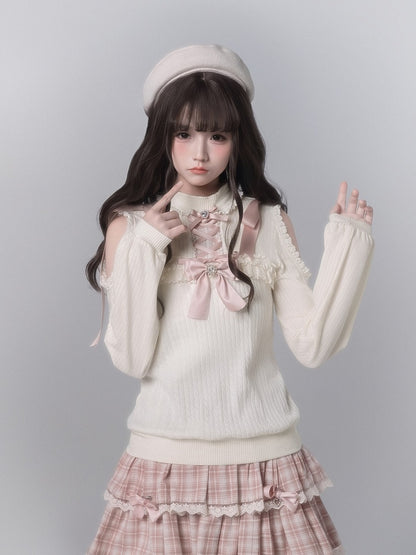 White Top Decor Kei Knit Trim Ribbon Pink With Lace Shoulder Seiso Cutout