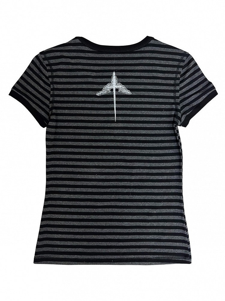 Y2K Striped T-Shirt with Cross and Gothic Letter Details - Alita26SS
