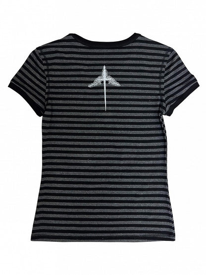 Y2K Striped T-Shirt with Cross and Gothic Letter Details - Alita26SS