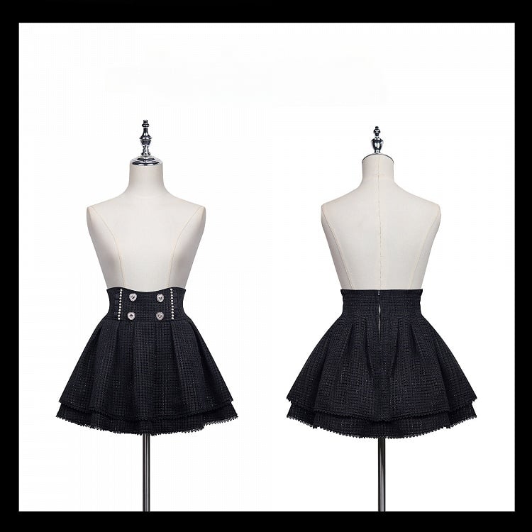 ツイードウエストの黒スカート ジライケイ ハートラインストーン ハイ