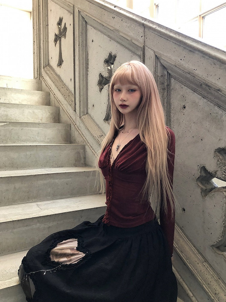 Cross Red Detachable Top V-Neck Rust Details with Necklace and Sleeve Vintage-Inspired Long Lace Hook