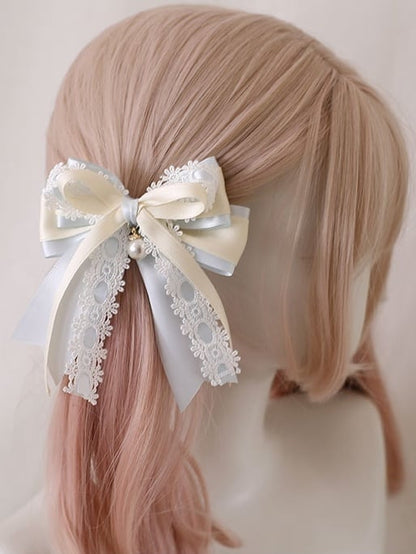 Lace Hairclip Charm Lolita With Elegant Light Blue Beige Bowknot Bead