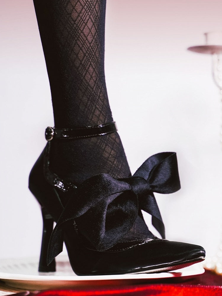 Heels Black Accent Knotted Toe Pointed High Bow Gothic with