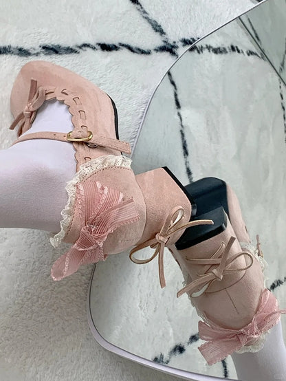 Mid - Toe Bow Lolita Pink Elegant for Square Heel Mary Janes Accent with
