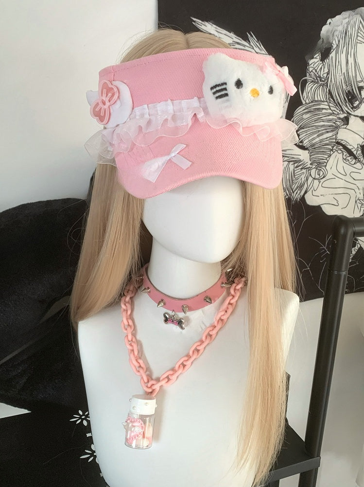 ピンクのぬいぐるみフリルレースウィングバイザーキャップ