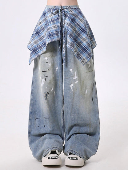 Handkerchief with Plaid Blue Hem Jeans Distressed Wide-Leg Detachable Skirt