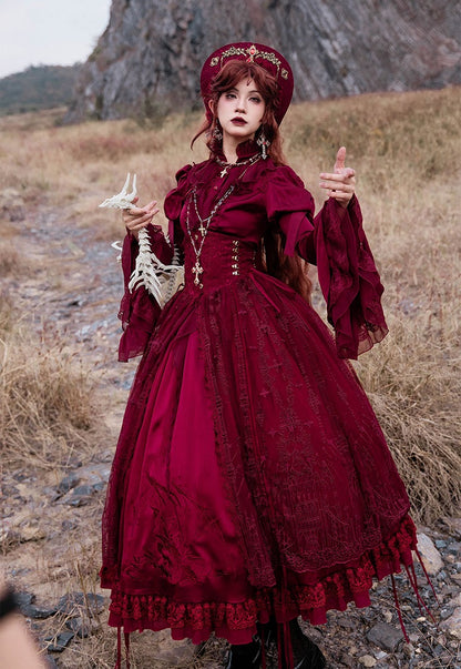 Long Sleeves with Flounce Cuffs Gothic Lolita Red Blouse