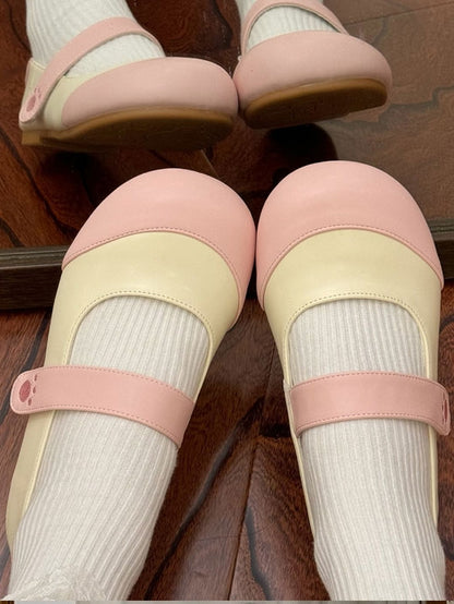 Pink Beige Velcro Flats Strap Paw Round with Toe Embroidery Bear Closures Sweet