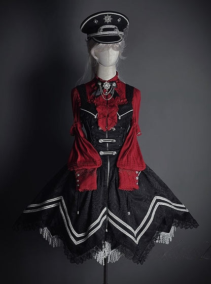 Black with Hem Military Details Lolita Corset Dress Zipper Handkerchief Jacquard