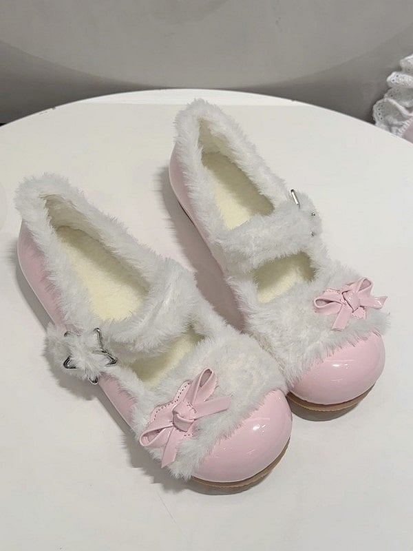 1 cm Heel Pink Sweet Lolita Mary Janes with Star Snap & Bow-Decorated Heart Patch