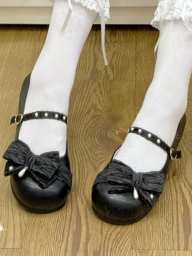 Black Shoes Heart Top Decorated Toe Bow at Round Matte Buckle Lolita Beaded