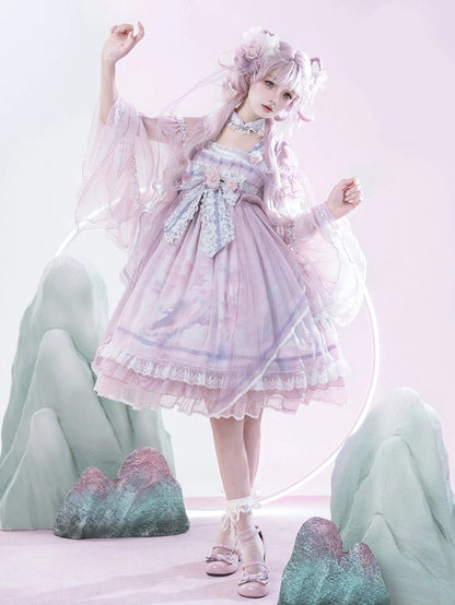 Han Bow Lolita Stück Langes Rosa-Lila Halbtransparente Printärmel Großes Kleid Whale Wide One