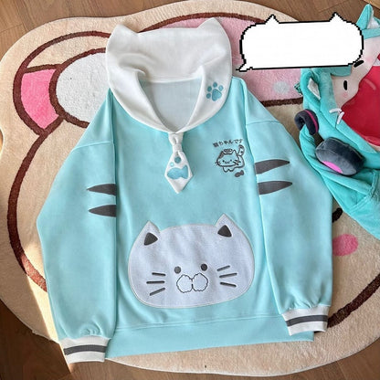 Adorable Collar Sailor Theme Embroidery Cat Cat-Ear Mint Sweatshirt with Blue