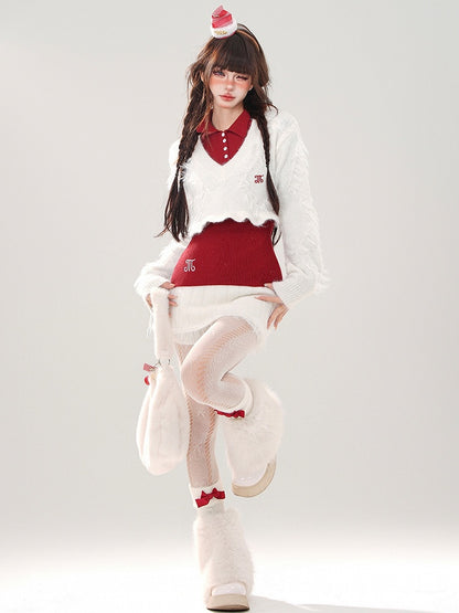 Vネックミニトップスクロップド丈+スカート+ホワイトニットホワイトセットセーターレッド