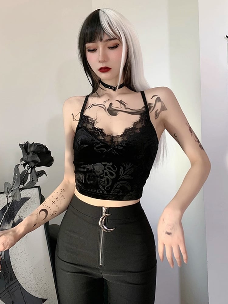 Black Flocked Top Trim with Halloween Lace Gothic Cami Neckline