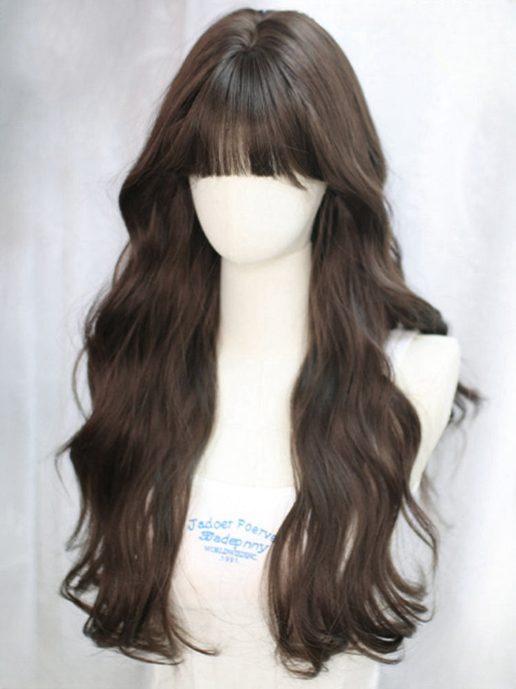 Braune, 65 cm lange, hüftlange, gewellte Perücke mit Pony