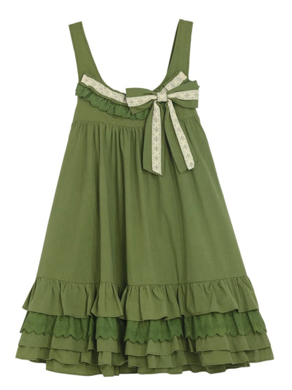 Sweet Hem Overall Dress Bowknot Ruffle with Detachable Green