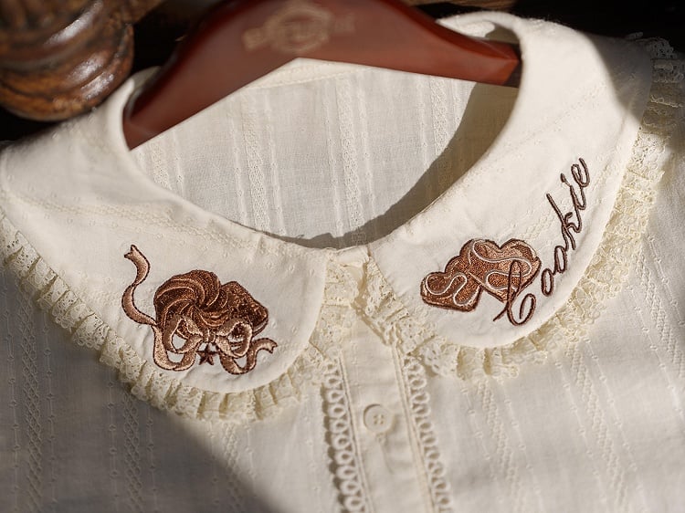 Chocolate Embroidery Collar Cream Short Sleeve Lolita Blouse - Dream Magic Box