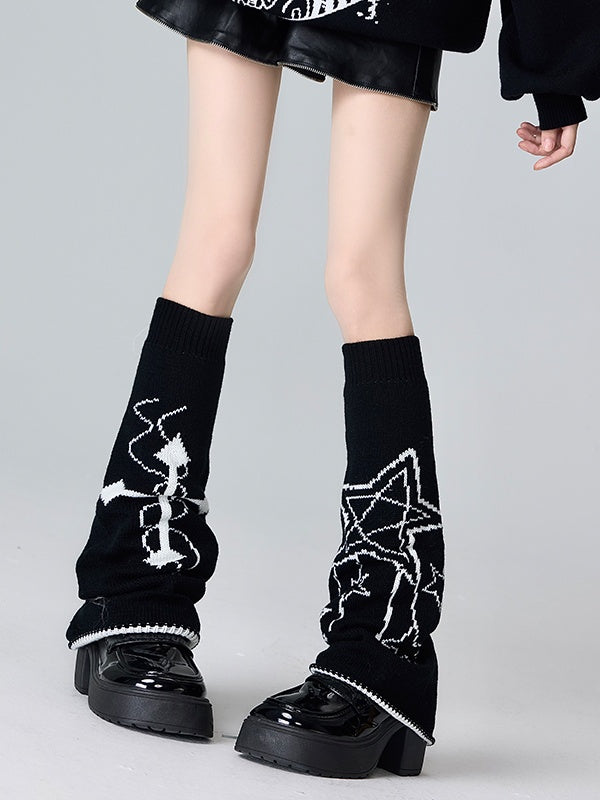 Jambières tricotées à motif croisé noir/blanc/rose et blanc