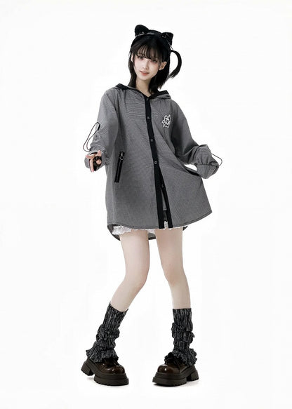 White Plaid Panda Embroidery Drawstring and Black Cuffs Hooded Top