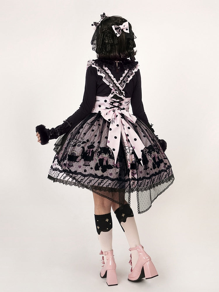 Lolita Cake Kitty Print Pink and with Straps Waist Ruffle Detachable High Skirt