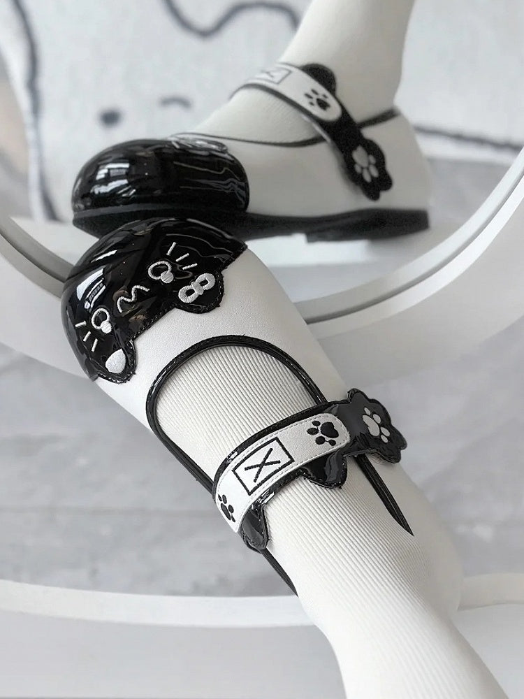 Print PU Round Flat Ear Paw Cute Stitching Mary Adorable - Toe Straps Black in Kitty with Cat Janes