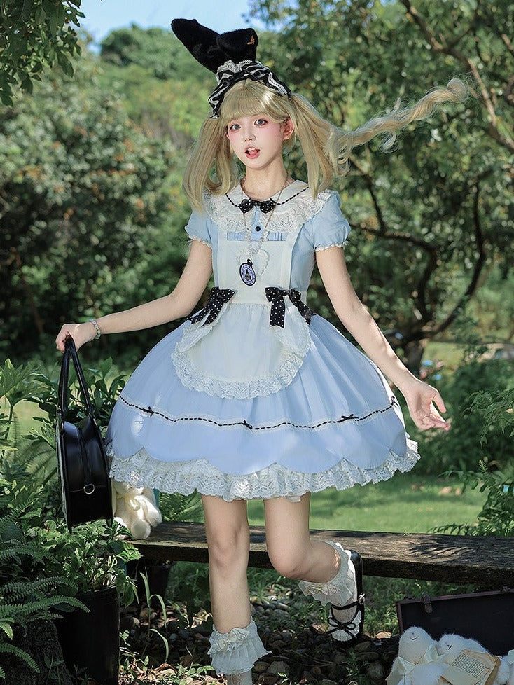Blue and White Alice OP Dress with Apron - Sheep Puff Atelier