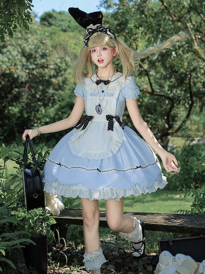 Blue and White Alice OP Dress with Apron - Sheep Puff Atelier