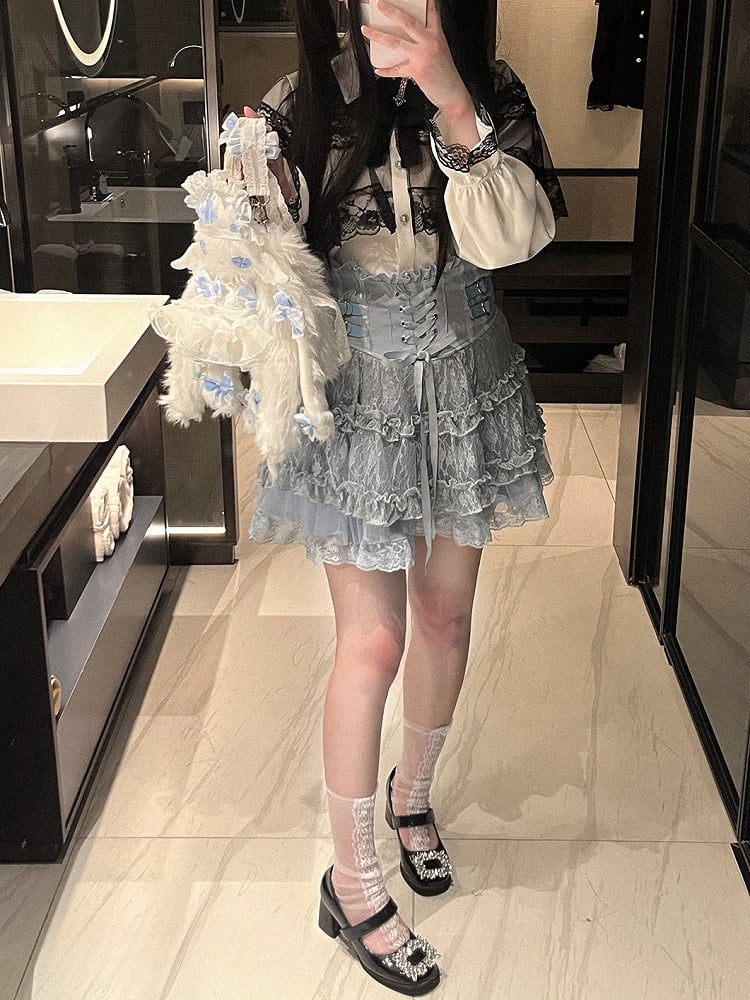 | Tiered Jirai 5 Lace-Up High Skirt Heart Colors Buckles Waist Kei Detail Lace