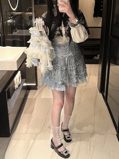 | Tiered Jirai 5 Lace-Up High Skirt Heart Colors Buckles Waist Kei Detail Lace